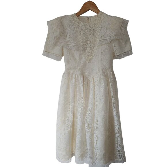 Jessica Mcclintock Lace Dress 10 Knee Length Floral Prairie Bohemian Short Sleev